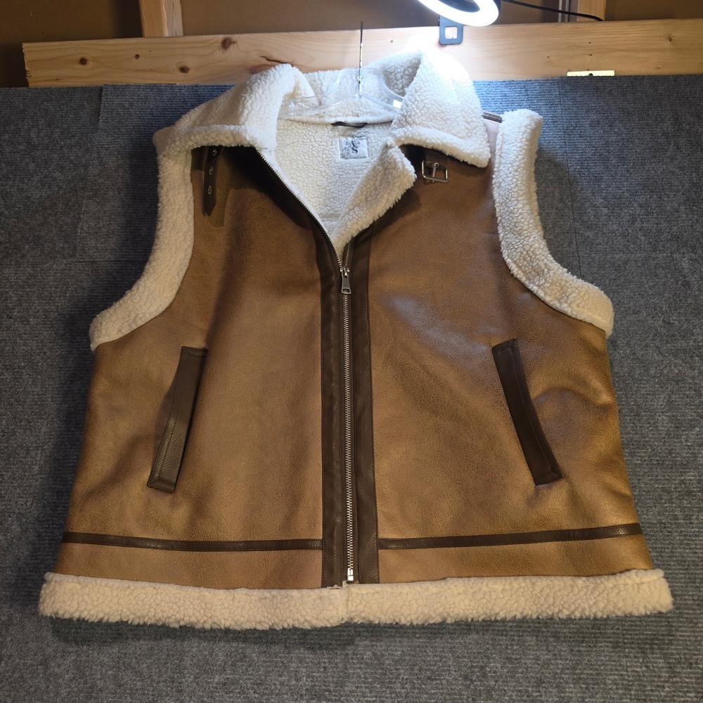 Altar'd State Aviator Vest Women M Brown Faux Leather Sherpa Lined Good Cond